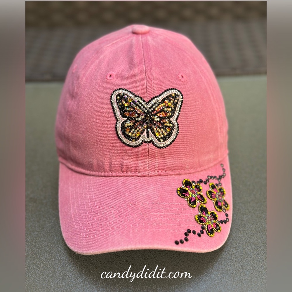 NWT Beautiful Spring In Bloom Faded Pink Butterfly & Flowers Bling Ball Cap
